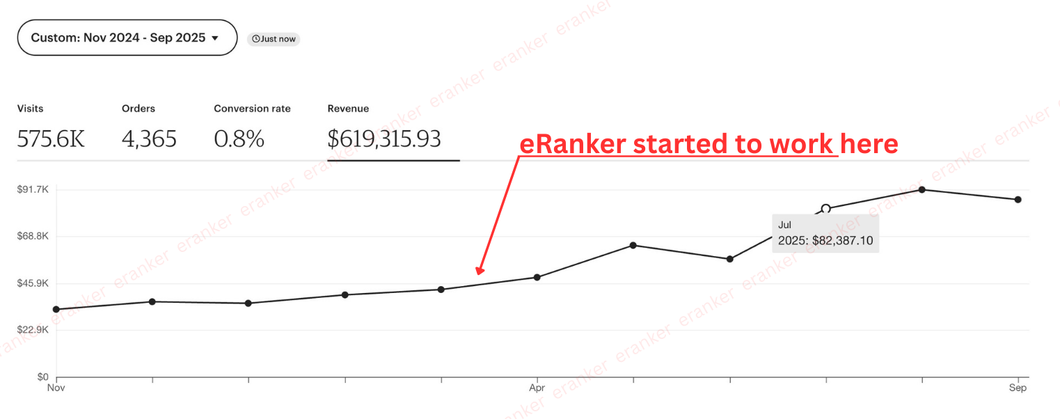 Client shop dashboard: $619,315 revenue Nov 2024-Sep 2025